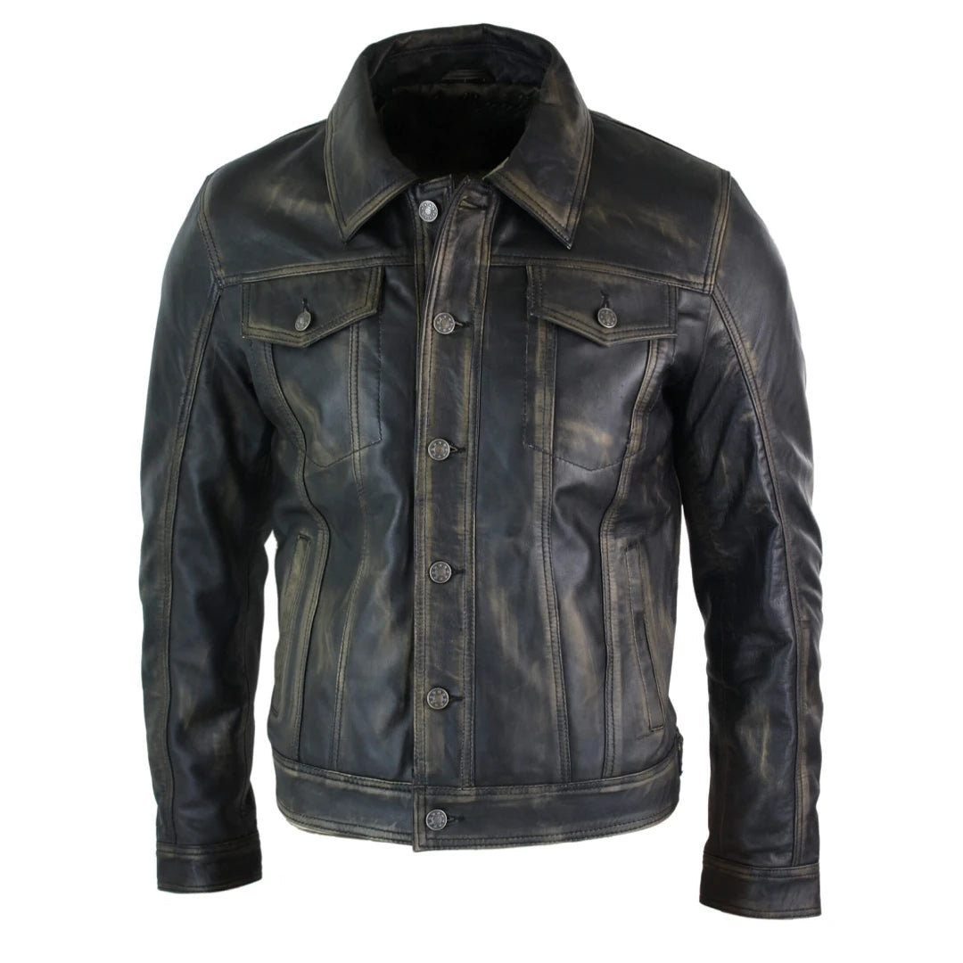 Infinity F125 Mens Vintage Retro Jeans Jacket Style Real Leather Short Washed Biker-TruClothing