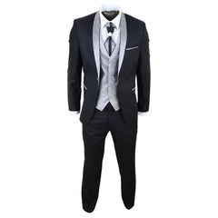 Mens 4 Piece Shawl Lapel Suit - Black/Silver-TruClothing