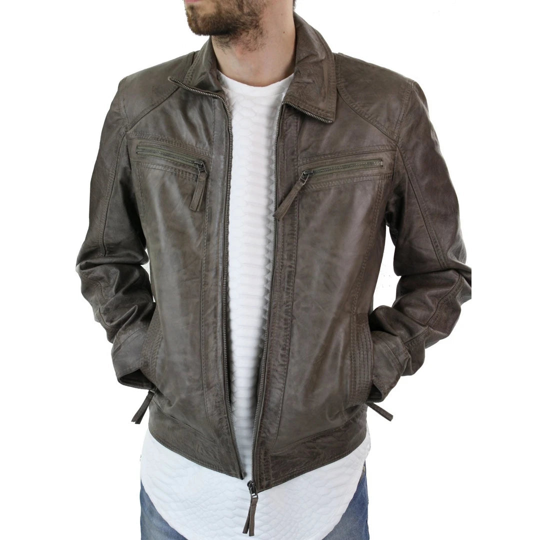 Mens Grey Real Leather Jacket Vintage Biker Box Style Zipped Casual Retro-TruClothing
