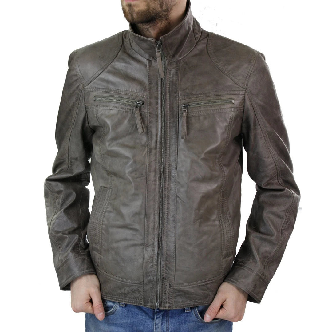 Mens Grey Real Leather Jacket Vintage Biker Box Style Zipped Casual Retro-TruClothing