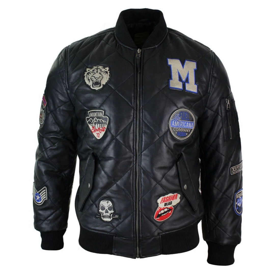 Mens Real Lether Quilted Puffer Varsity Baseball Bomber Letterman Jacket Badge-TruClothing
