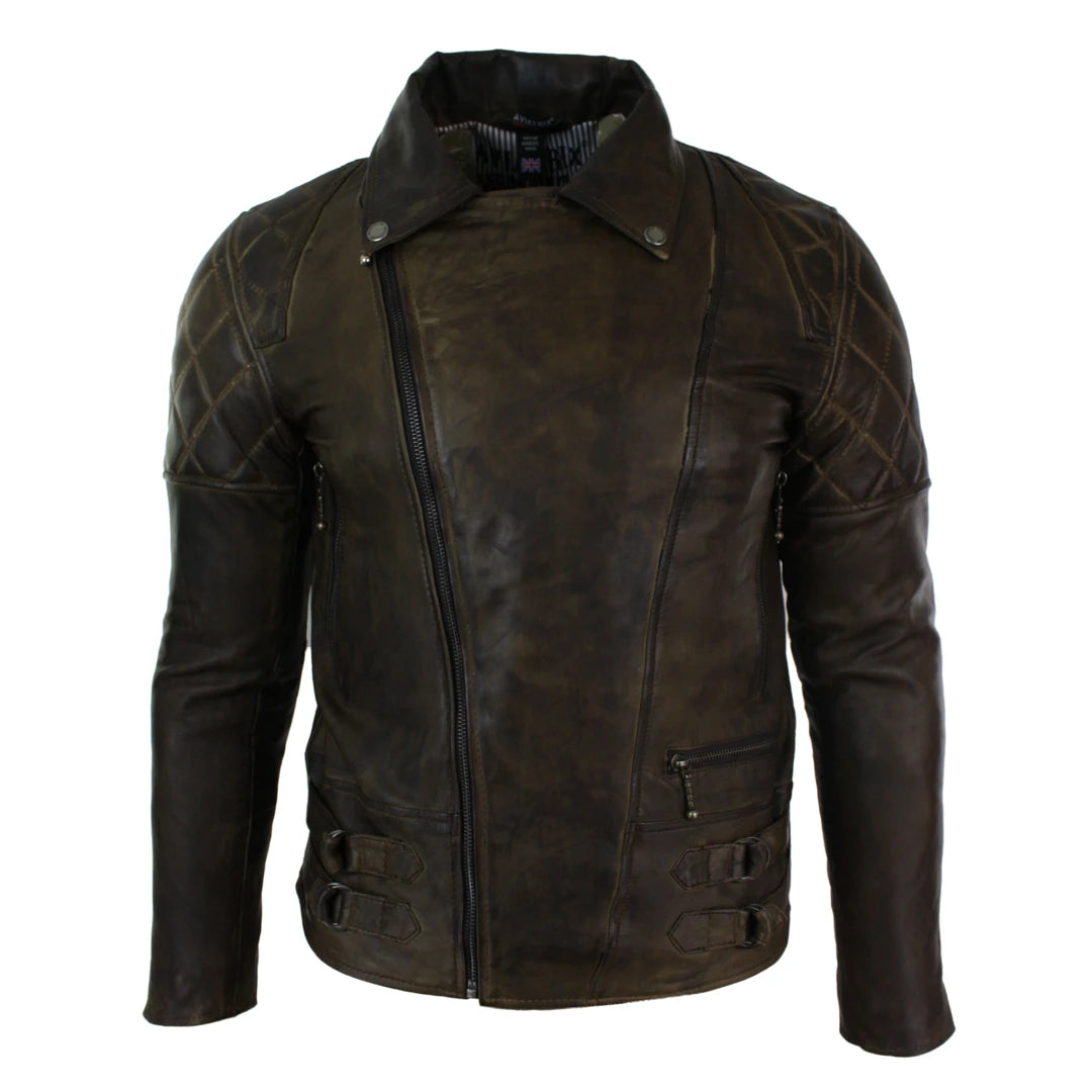 Mens Slim Fit Cross Zip Retro Vintage Brown Biker Punk Rock Real Leather Jacket-TruClothing